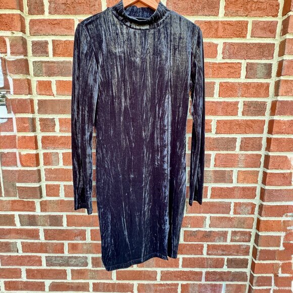 Shein Crushed Velvet Velour Dress Medium Black Long Sleeve - Picture 1 of 10